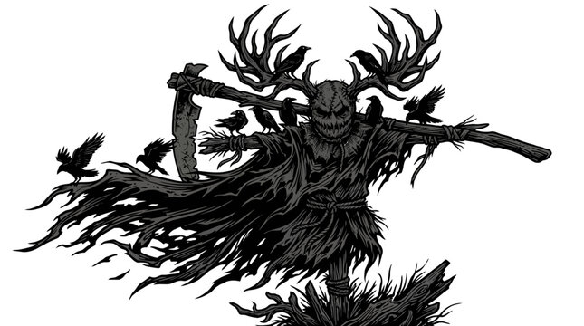 Scary Scarecrow with Antlers and Crows - Dark Halloween Art Vector