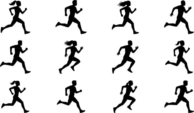 Marathon Runner silhouette icon set, flat black glyph style, pure white background