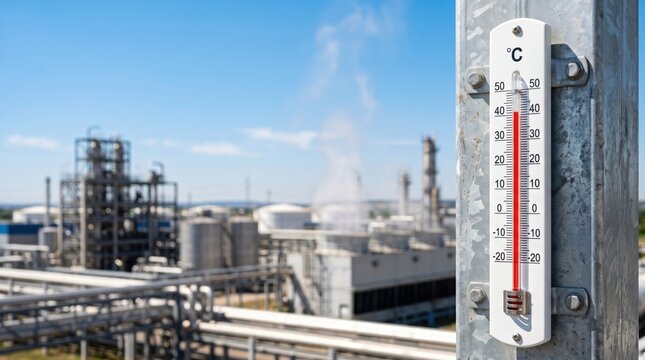 High temperature thermometer at an industrial plant during a summer heatwave. Extreme heat, outdoor factory work, worker safety, heat stress and industrial workplace climate risk concept