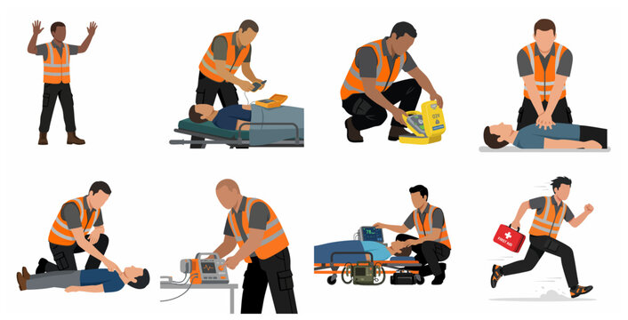 Emergency First Aid and Paramedic Medical Service Illustration Set with CPR and AED Procedures