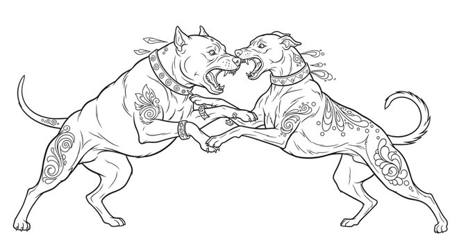 Two muscular dogs in a face-off position line art.