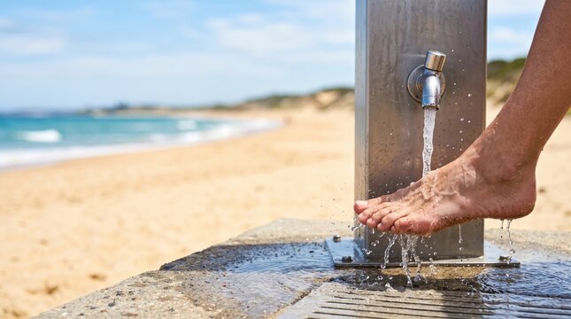 Outdoor beach foot wash station for rinsing sand after swimming. Public beach facilities, hygiene, summer vacation, coastal tourism and visitor convenience concept
