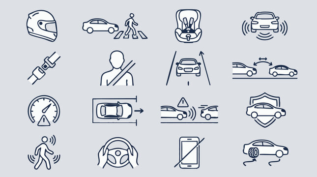 Vehicle Safety Features and Driver Assistance Systems Line Icons