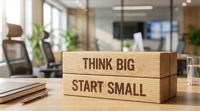 Motivational wooden blocks with think big start small message on office desk