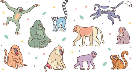 Primate and monkey species doodle vector illustration set with gorilla gibbon baboon proboscis lemur and tamarin characters with pastel colors on white background. © Shefali