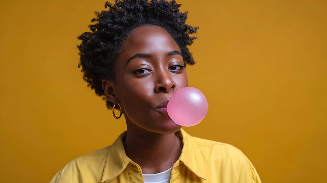 stylish woman blowing pink bubblegum bubble against bright yellow background fashion portrait