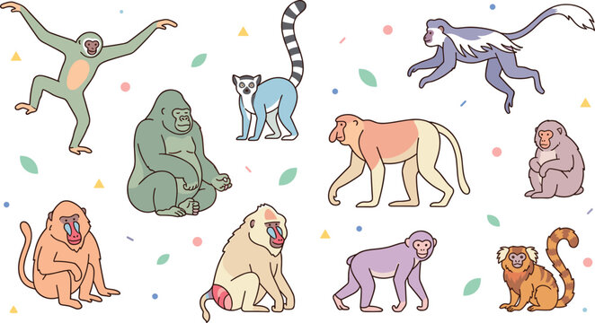 Primate and monkey species doodle vector illustration set with gorilla gibbon baboon proboscis lemur and tamarin characters with pastel colors on white background.