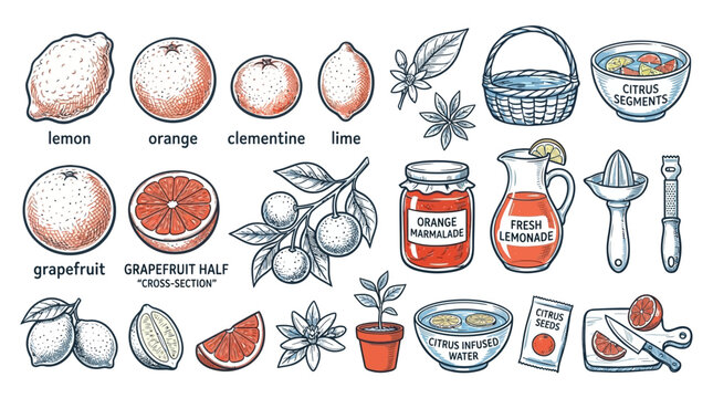 Vector illustration of various citrus fruits, including lemons, oranges, grapefruits, and limes, with related items like jam and juicers