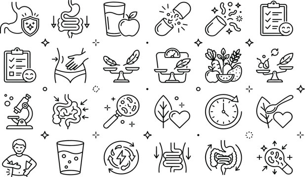 Gut health line icon set vector with digestion stomach intestine metabolism probiotics healthy wellness outline doodle illustration collection