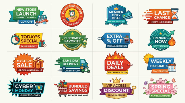 Colorful vector e-commerce sale badges and promotional labels collection for online shopping deals, discount offers, and special marketing campaigns