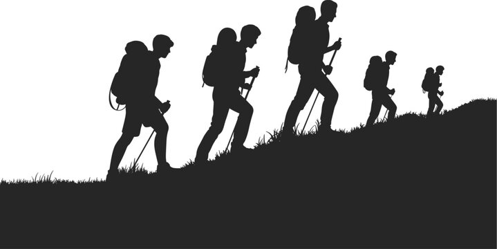 Hikers climbing mountain slope silhouette vector illustration, group of tourists walking uphill with backpacks, trekking sticks