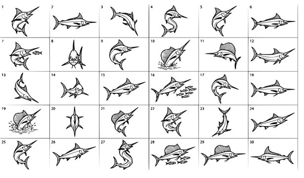Marlin fish line art bundle featuring thirty editable outline vector illustrations isolated on white background Adobe Illustrator EPS 10