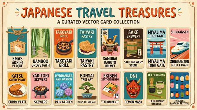 Explore the rich tapestry of Japan with a charming vector illustration collection, depicting diverse cultural aspects, iconic landmarks, and culinary delights for travelers