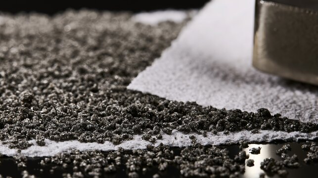 Sandpaper with dark grey abrasive grains beside polished metal, studio light, shallow depth, minimal industrial still life