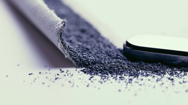 Sandpaper with dark grey abrasive grains beside polished metal, studio light, shallow depth, minimal industrial still life