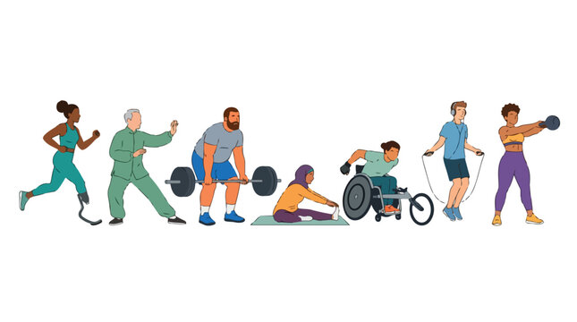 Diverse Group of People Engaging in Various Physical Fitness Activities and Exercises.