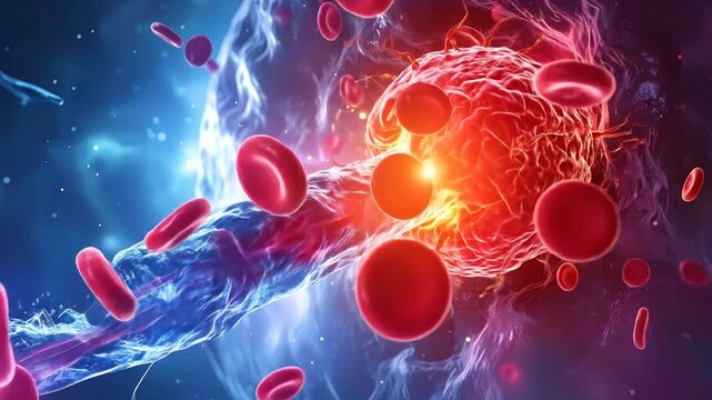 A microscopic view of a cell interacting with red blood cells