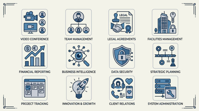 Comprehensive business and management operations vector icon set for modern enterprise solutions and digital technology concepts