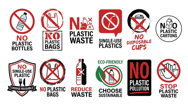 An essential vector collection of anti-plastic and eco-friendly warning signs promoting sustainable living, waste reduction, and environmental protection