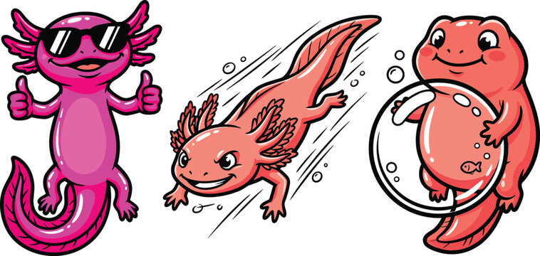 Funny cartoon axolotl character vector illustration set showing cool lizard with sunglasses swimming fast and holding fishbowl isolated on white background.