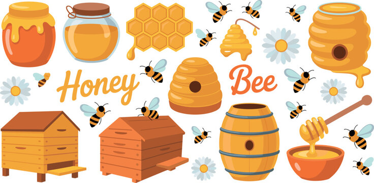 Honey bee vector illustration set with honey jars beehive honeycomb wooden barrel and dipper for organic product design package label