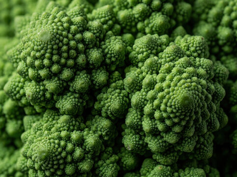 Macro texture of green romanesco broccoli fractal patterns close up