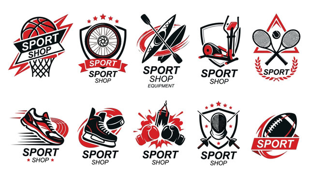 Dynamic Sports Emblems Collection for Shops and Athletic Activities, Featuring Diverse Sports Equipment and Modern Branding Designs
