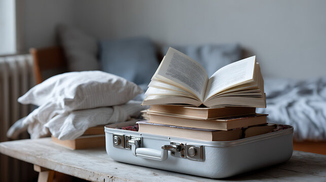 open book resting on stack of novels near suitcase representing travel and leisure reading