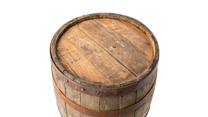 Classic large hollow brown wooden barrel standing upright isolated on transparent background cut out © Hanna