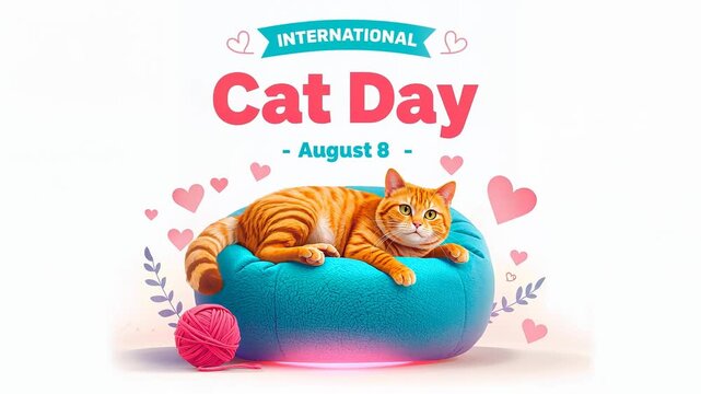 Cute ginger cat sleeping on a blue beanbag for international cat day celebration kitten feline pet animal domestic