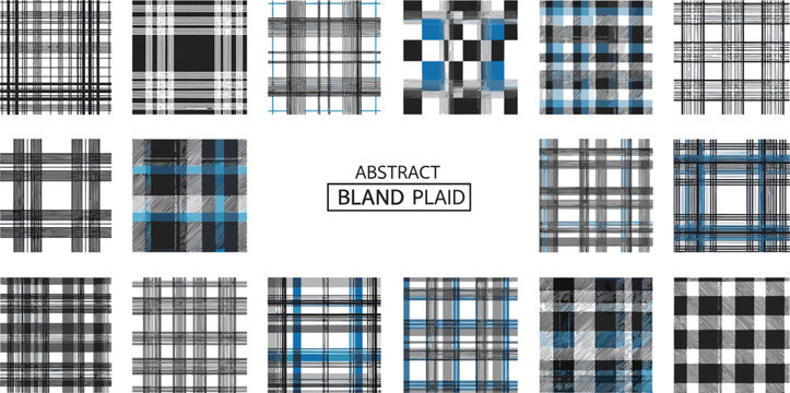 Abstract bland plaid seamless pattern vector set with geometric black blue and grey checkered grid fabric textures