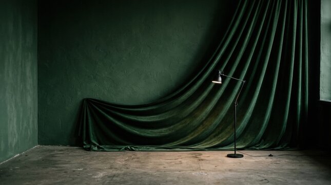 Dark and dramatic room with large green curtain textured wall in a studio brightly lit