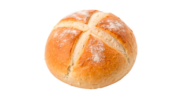 Freshly baked round golden wheat bread bun with score marks isolated on transparent background cut out