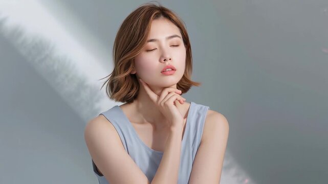 Young asian woman touching her chin and jawline while eyes closed skincare beauty face wellness lifestyle 4k Video