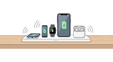 Electronic devices charging wirelessly on a multi device pad © nando