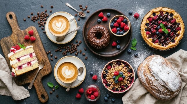 Delicious assortment of pastries, cakes, and desserts on pastries sweets coffee presented