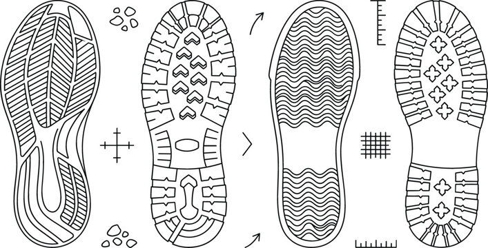 Shoe sole and footprint tread texture line icon set featuring sneaker boot grip patterns and forensic vector symbols