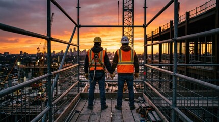 Naklejka premium Determined construction workers on scaffolding at sunset, wearing Two in hard hats standing