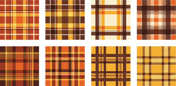 Autumn plaid seamless pattern set with orange brown yellow tartan checkered textures for thanksgiving holiday fabric background vector illustration