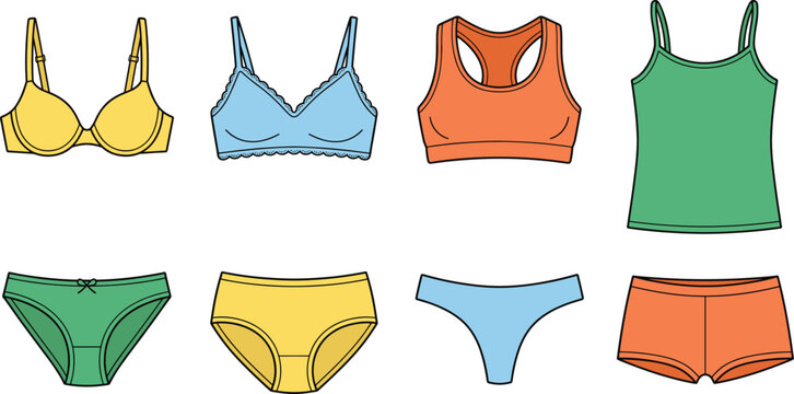 Women underwear and lingerie vector icons set, brassiere, panties, sports bra, camisole illustration