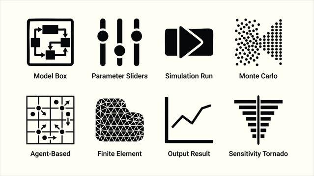 Scientific simulation and data modeling black solid icon set vector