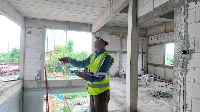 construction worker on ladder at building site inspecting structure on modern industrial construction site, architecture and safety in construction industry