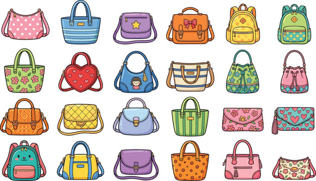 Large set of colorful women handbags and purses, cartoon vector illustration isolated