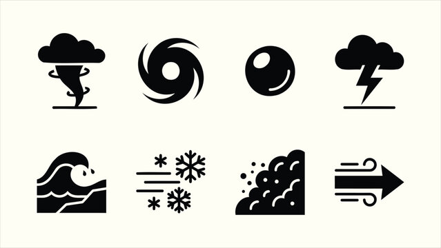 Solid glyph natural disaster and extreme weather vector icon set