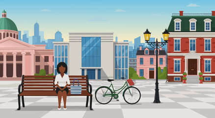 Urban City Square Scene Vector Illustration Design Featuring a Young Professional Woman Sitting on a Park Bench Near Historical Architecture 4 © Life Studio