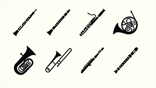 Black solid wind and brass musical instruments vector icon set