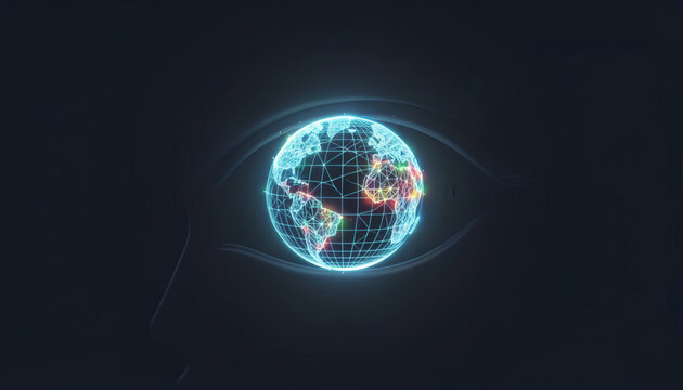 A Glowing Digital Wireframe Globe Serving As The Iris And Pupil Within A Dark Stylized Outline Of A Human Eye