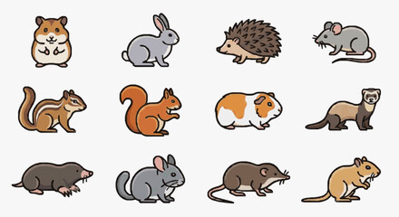 Fototapeta premium Modern Colorful Set of 12 Whimsical Rodents and Small Mammals for Educational or Design Use with high quality professional line art symbols for modern creative design and digital branding projects