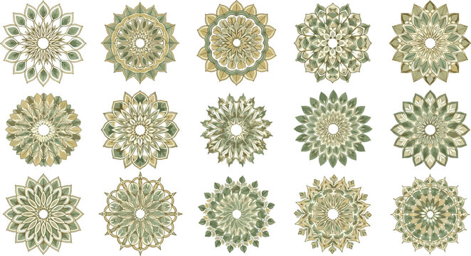 Boho style botanical mandala vector elements set featuring intricate green leaves circular geometric patterns and organic floral ornaments