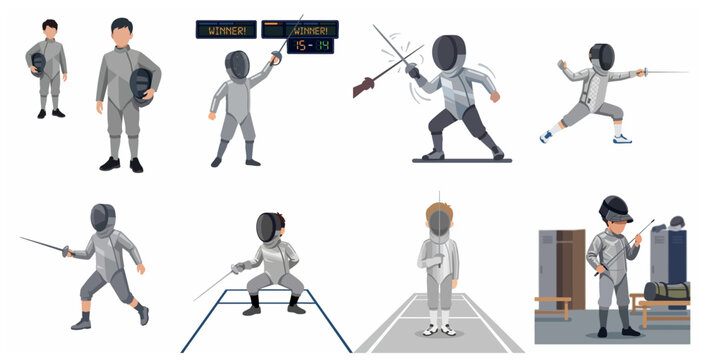Set of young fencers in various poses, professional fencing athletes characters vector illustration isolated on white background, children sports competition and training concept.